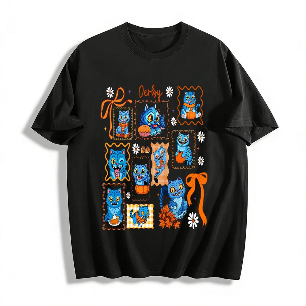 Funny Spooky Blue Cat Derby Fall Print Top Pumpkin Maple Leaf Casual Crewneck T-Shirt Pure cotton T-shirt XXS
Funny Spooky Blue Cat Derby Fall Print Top Pumpkin Maple Leaf Casual Crewneck T-Shirt Pure cotton T-shirt XXS