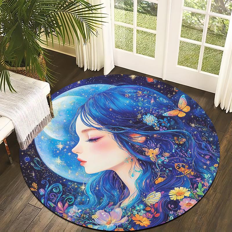 Moonlight, blue-haired girl Flannel-printed round floor mats are slip-resistant Suitable for living room terrace garden carpets 60cm
Moonlight, blue-haired girl Flannel-printed round floor mats are slip-resistant Suitable for living room terrace garden carpets 60cm