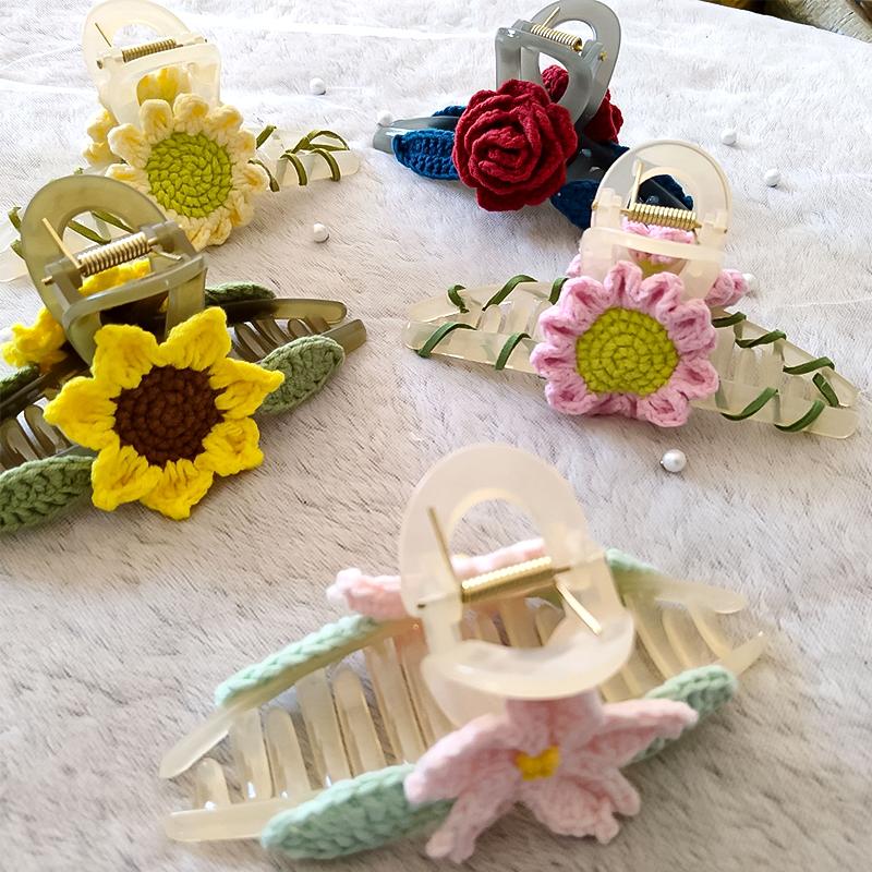 Женские когти для волос, украшение в виде подсолнечника, головные уборы, вязаный крючком цветок розы, модные аксессуары ручной работы