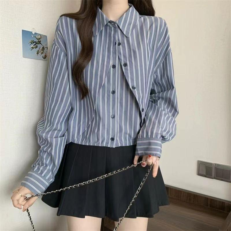 Женская рубашка с имитацией двойки в синюю полоску, с длинным рукавом, лацканами, на одной пуговице, короткий топ, свободного винтажного стиля XXL синий
Женская рубашка с имитацией двойки в синюю полоску, с длинным рукавом, лацканами, на одной пуговице, короткий топ, свободного винтажного стиля XXL синий