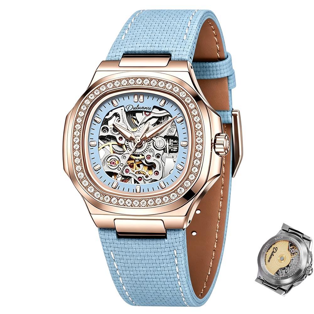Womens Mechanical Watch Skeleton Automatic Watches Luminous Hands Diamond Bezel Waterproof Rose case синій
Womens Mechanical Watch Skeleton Automatic Watches Luminous Hands Diamond Bezel Waterproof Rose case синій