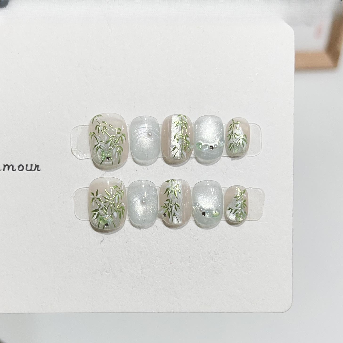 Одежда в китайском стиле Доспехи Высококлассная ручная роспись Зеленое волшебное зеркало Бамбуковая лампа Тарелка Кошачий глаз Шнурок ручной работы Маникюр Готовый продукт large L