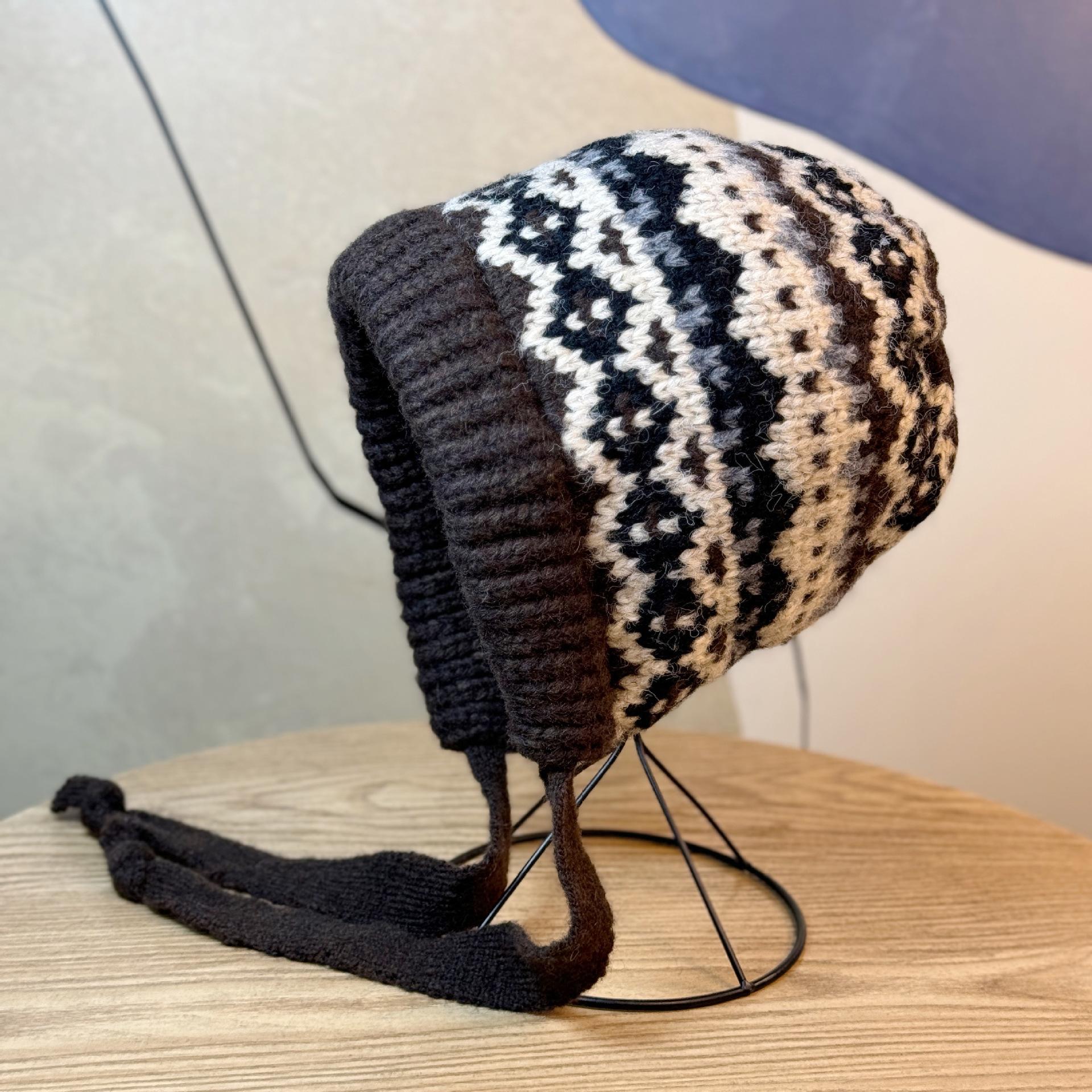 Вязаная шапка в стиле Fair Isle для женщин Зимняя Ретро Балаклава Шапка-мешок Теплая Защита ушей Шерстяная шапка Трендовая one size