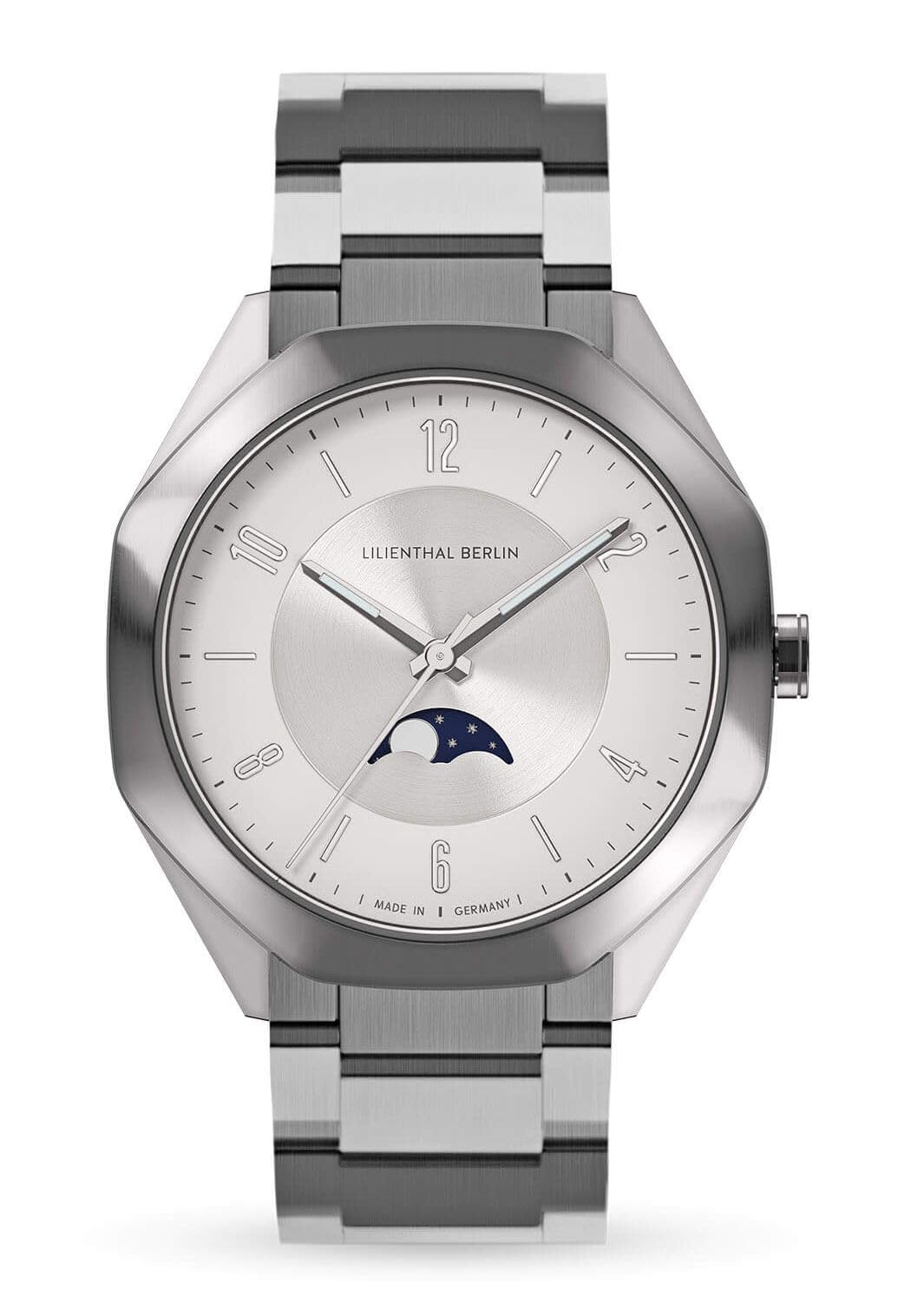 Lilianthal Berlin Silver Moon Phase Made in Men s Watch, Germany, OM1-001-B040A
Lilianthal Berlin Silver Moon Phase Made in Men s Watch, Germany, OM1-001-B040A