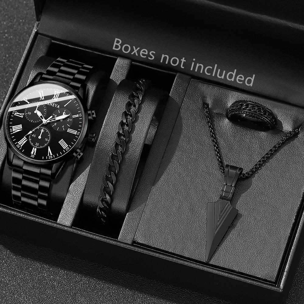 4PCS Black Men s Watch Set Business Trend Fashion Roman Digital Scale Dial Quartz Watch Bracelet Necklace Ring Set Perfect Gift чорний
4PCS Black Men s Watch Set Business Trend Fashion Roman Digital Scale Dial Quartz Watch Bracelet Necklace Ring Set Perfect Gift чорний