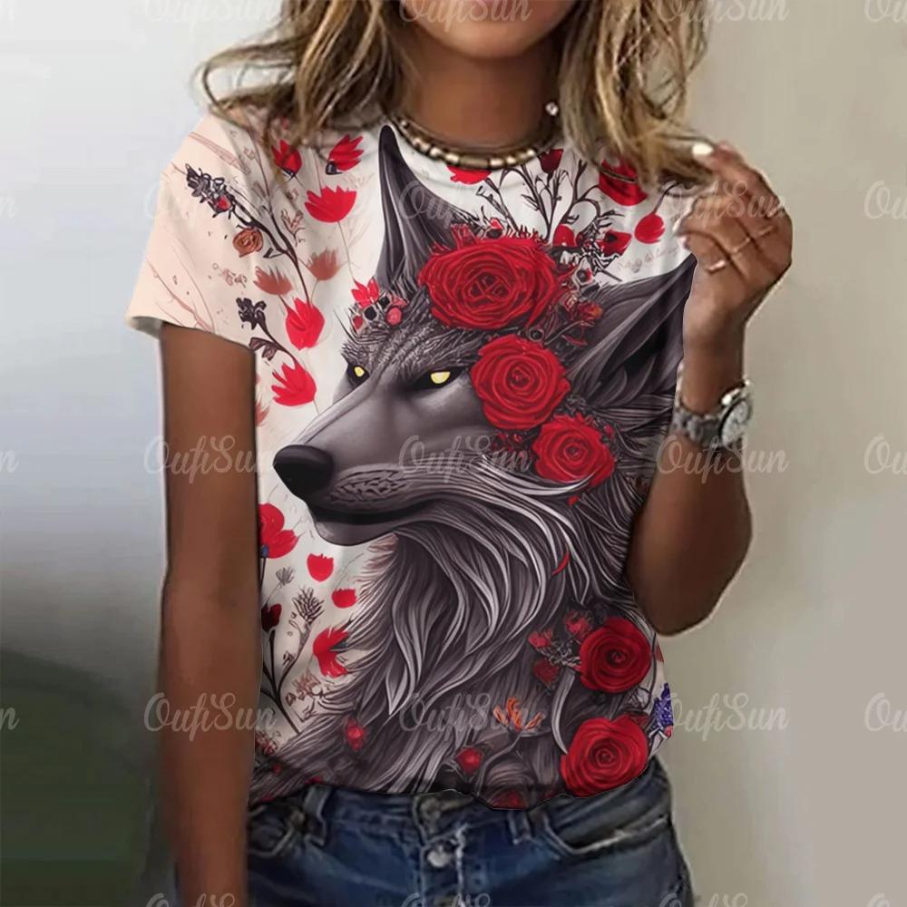 2024 Новые женские футболки Футболка большого размера с коротким рукавом и принтом волка 3D для женщин Топы Летние дышащие футболки Женская одежда 160