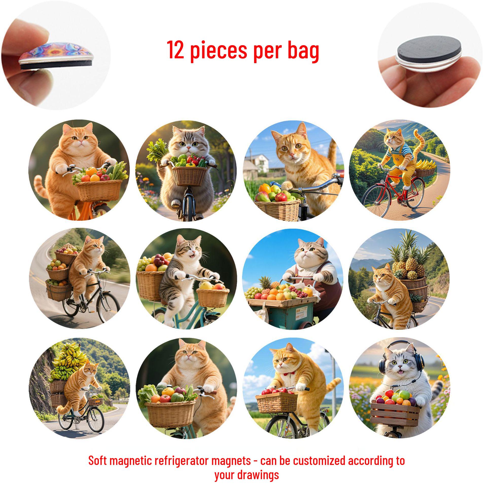 Cartoon Cat Healing Refrigerator Magnet with Fruit Bicycle Design 25 mm magnet set of 12
Cartoon Cat Healing Refrigerator Magnet with Fruit Bicycle Design 25 mm magnet set of 12