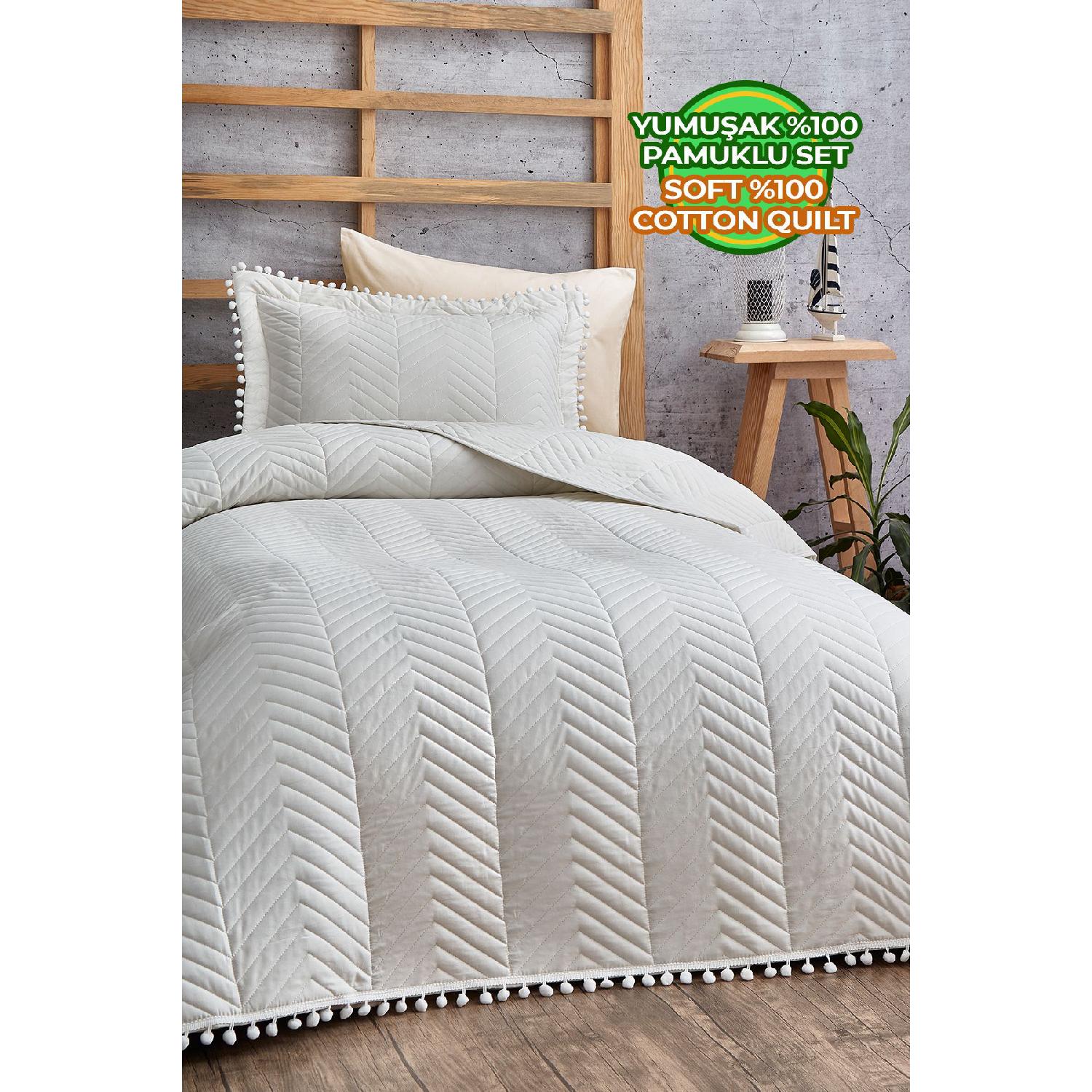 Односпальне щоденне покривало зі 100% бавовни з помпоном (піке) Встановіть Кремовий / Білий 
Односпальне щоденне покривало зі 100% бавовни з помпоном (піке) Встановіть Кремовий / Білий