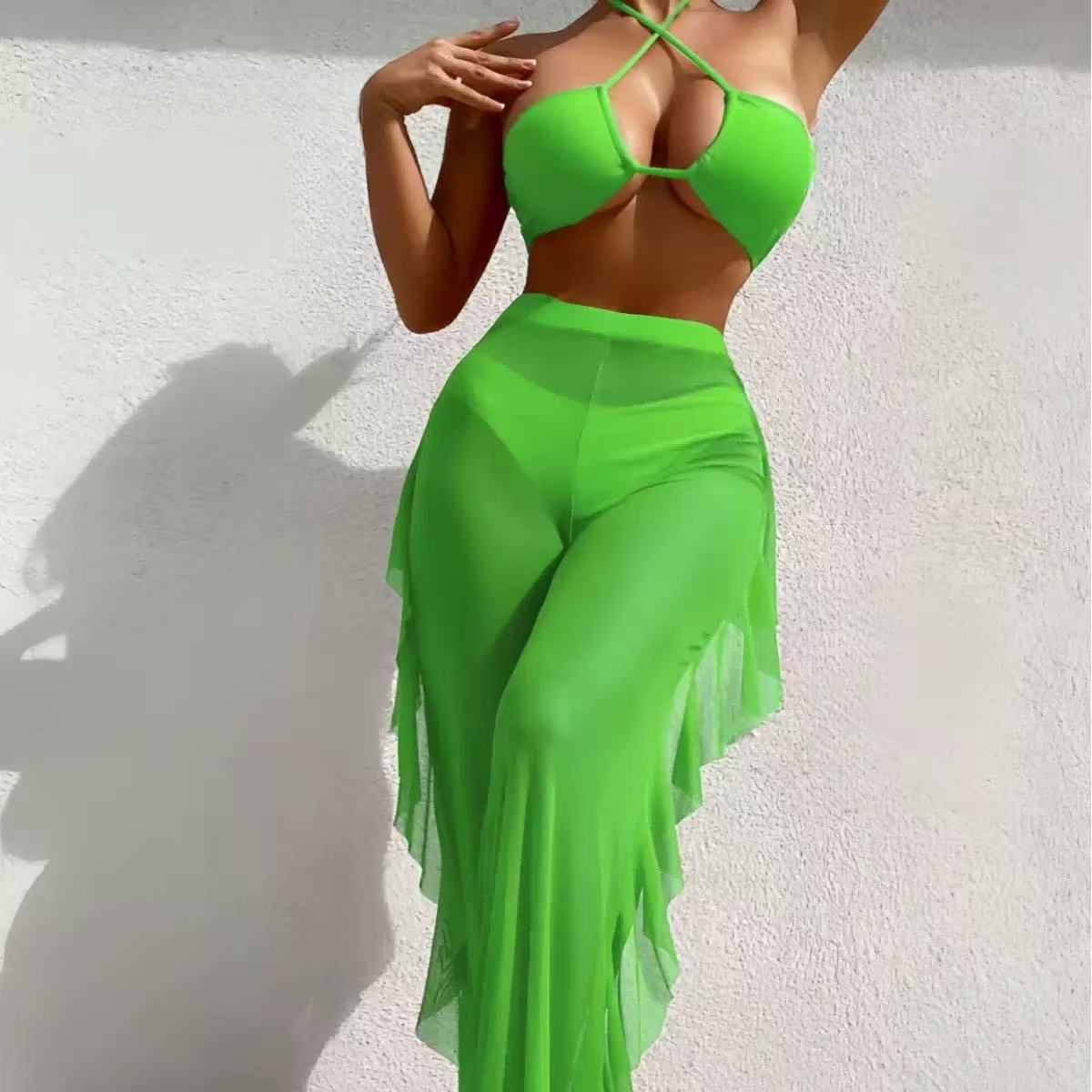 New solid color three-piece bikini long-leg mesh swimsuit XL
New solid color three-piece bikini long-leg mesh swimsuit XL