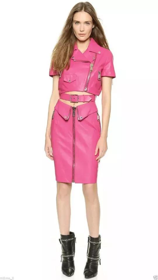 дубленая кожа Стильное Горячее Платье Новая Розовая Женская Кожаная Куртка и Юбка Платье Натуральная 3XL розовый