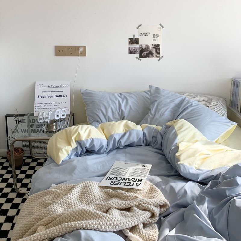 INS Style Cotton Color Block Bedding: 4-Piece Set with Bed Sheet, Duvet Cover, and Three-Piece Fitted Sheet for Students 1.2m Flat Sheet 3pcs Duvet 150x200cm
INS Style Cotton Color Block Bedding: 4-Piece Set with Bed Sheet, Duvet Cover, and Three-Piece Fitted Sheet for Students 1.2m Flat Sheet 3pcs Duvet 150x200cm
