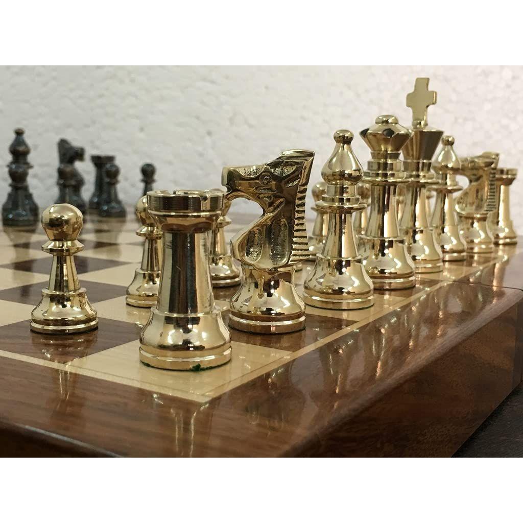 Brass Metal Staunton Chess Pieces/Coins Set with Folding Wooden Chess Board 14 inches 2 players (Non Magnetic)
Brass Metal Staunton Chess Pieces/Coins Set with Folding Wooden Chess Board 14 inches 2 players (Non Magnetic)