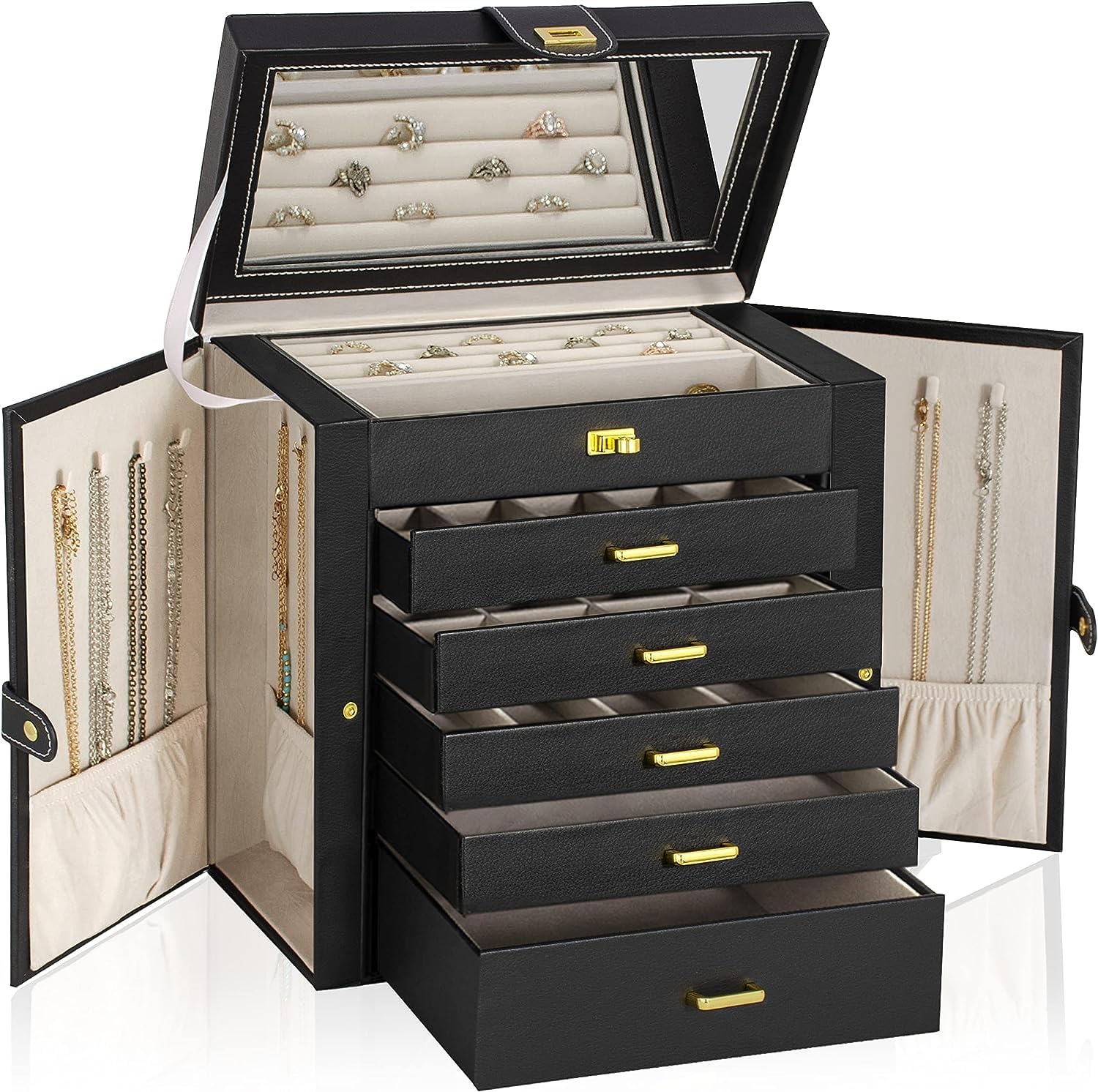 AKOZLIN Large Capacity Jewelry Box, 6-Tier, with Mirror, 5-Drawer Design, for Accessories, Necklaces, Earrings, Rings, Watches, etc.,
AKOZLIN Large Capacity Jewelry Box, 6-Tier, with Mirror, 5-Drawer Design, for Accessories, Necklaces, Earrings, Rings, Watches, etc.,