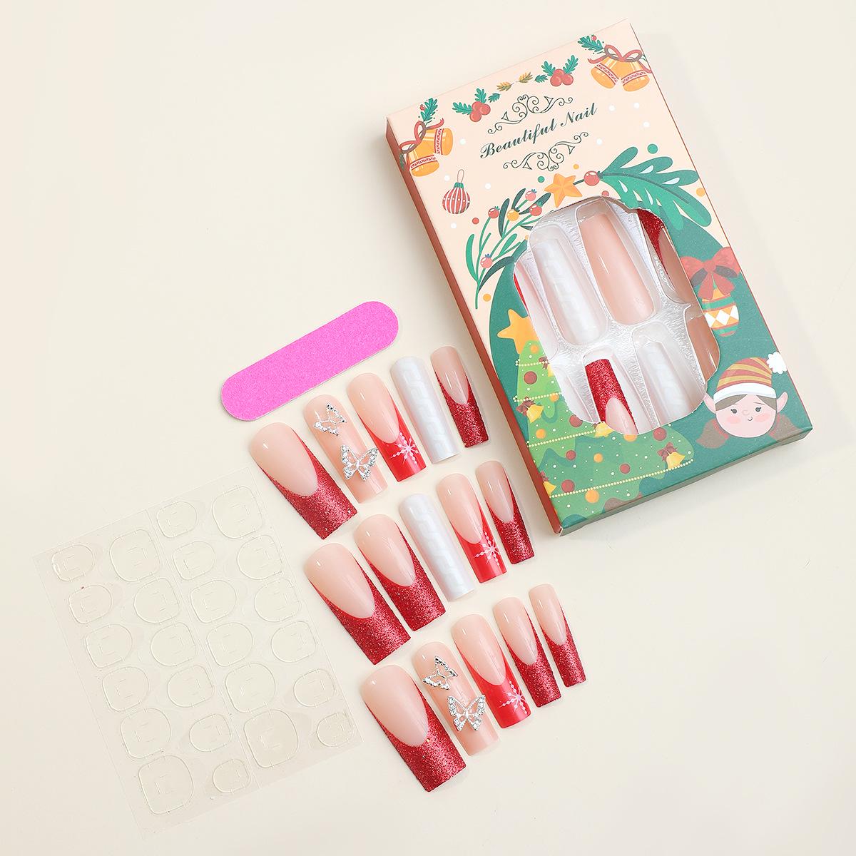 Хиты продаж Очень длинные носимые накладные ногти в рождественском стиле с 3D-дизайном бабочки
Хиты продаж Очень длинные носимые накладные ногти в рождественском стиле с 3D-дизайном бабочки