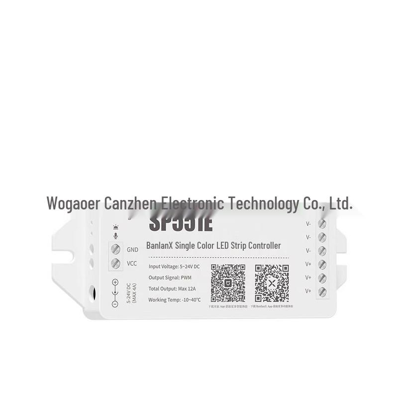 SP551E Wi-Fi Bluetooth Monochrome LED Controller with PWM, compatible with Mijia APP, offering dual APP control. 118mm x 45mm x 15mm
SP551E Wi-Fi Bluetooth Monochrome LED Controller with PWM, compatible with Mijia APP, offering dual APP control. 118mm x 45mm x 15mm