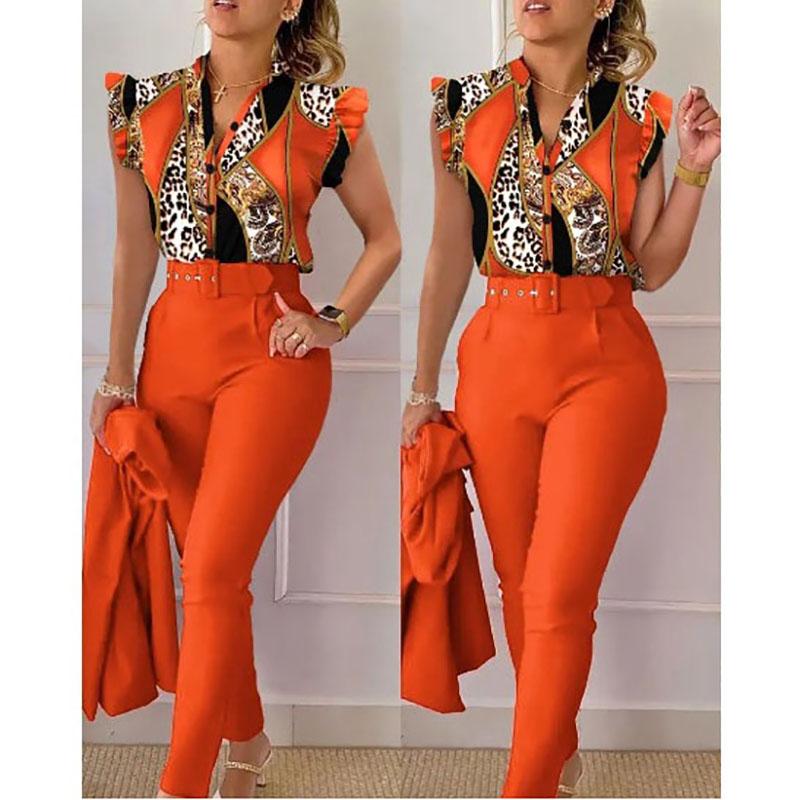 Womens Elegant Slim Two-Piece Sets Summer Fashion Print V Neck Button Flying Sleeve Shirt Top & Solid Long Pants Suits with Belt M
Womens Elegant Slim Two-Piece Sets Summer Fashion Print V Neck Button Flying Sleeve Shirt Top & Solid Long Pants Suits with Belt M