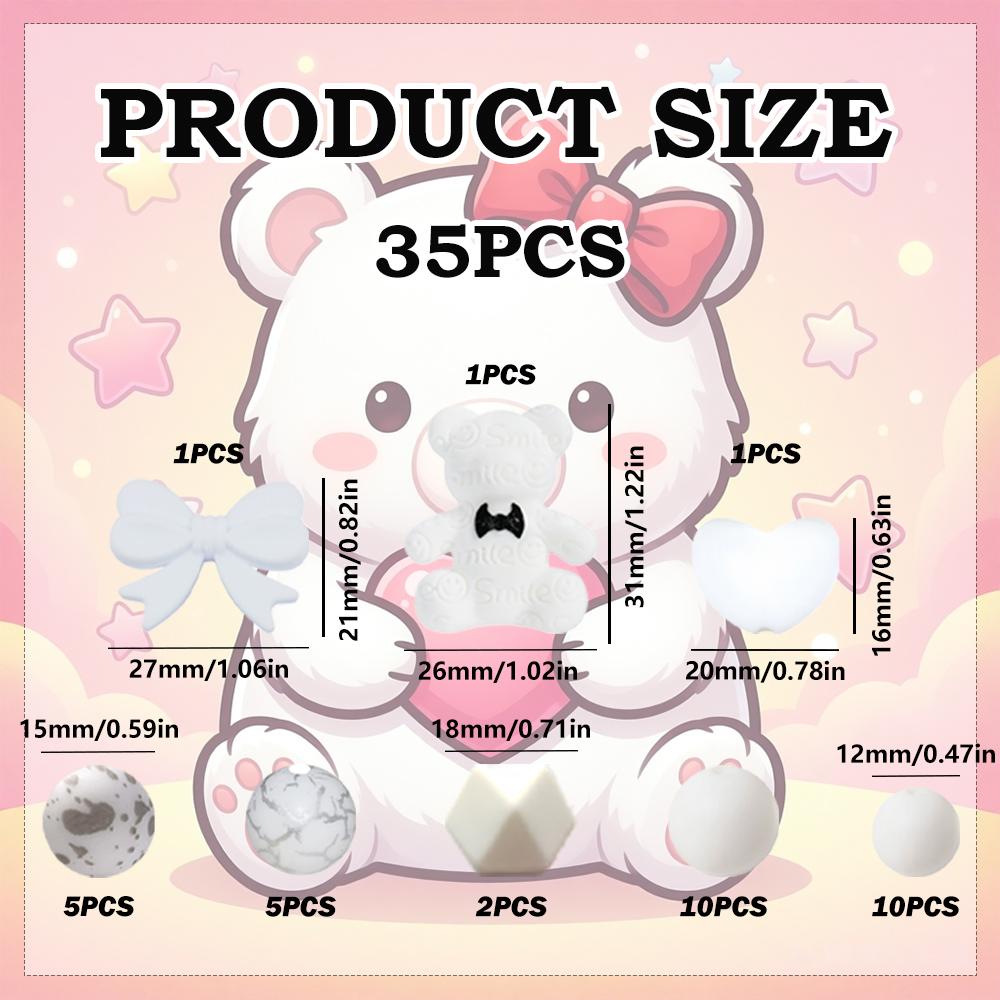 35PCS white bow bear silicone bead set, perfect for DIY handmade crafts such as keychains, necklaces, bracelets, etc
35PCS white bow bear silicone bead set, perfect for DIY handmade crafts such as keychains, necklaces, bracelets, etc