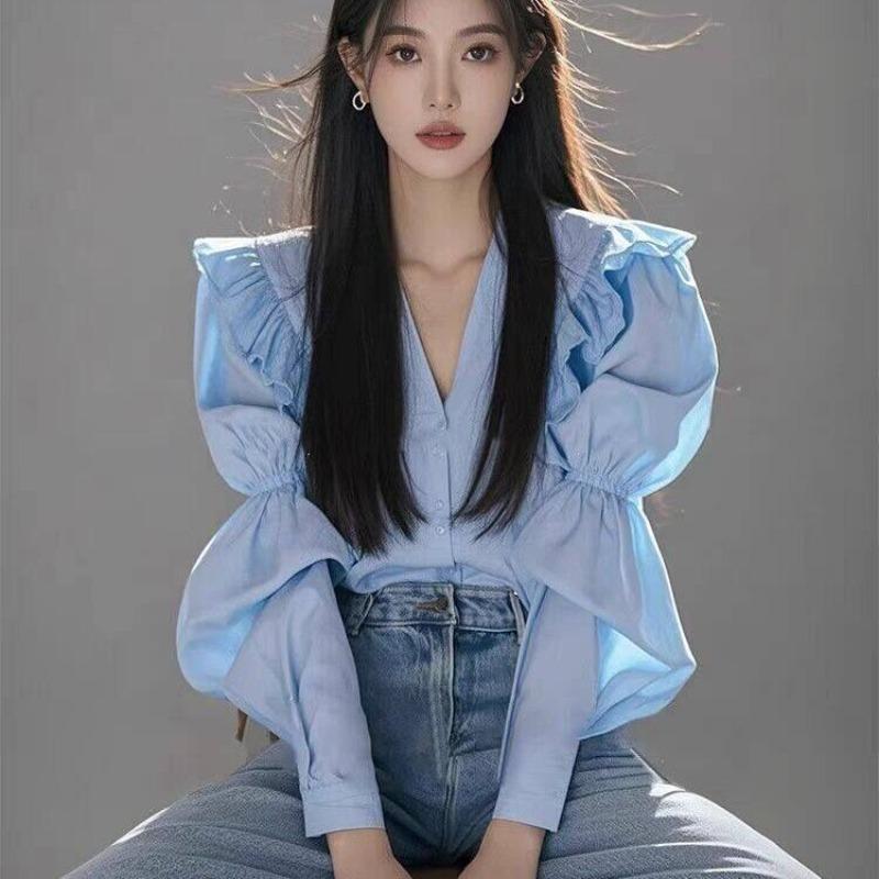 Women s Solid Color Shirt Spring V-neck Patchwork Pleated Bubble Sleeve Ladies Blouse Korean Style Loose Fashion Famale Top S
Women s Solid Color Shirt Spring V-neck Patchwork Pleated Bubble Sleeve Ladies Blouse Korean Style Loose Fashion Famale Top S
