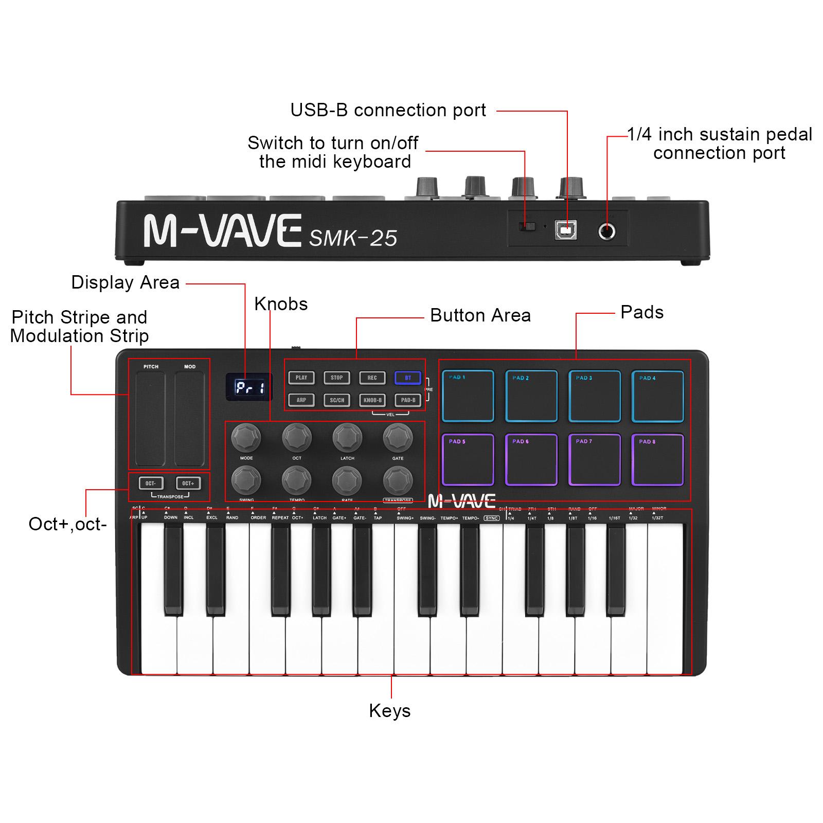 M-VAVE 25-клавишная клавиатура с управлением по MIDI Портативная мини-клавиатура Контроллер по MIDI 25 клавиш, чувствительных к скорости нажатия 8 пэдов с подсветкой RGB 8 ручек чёрный
M-VAVE 25-клавишная клавиатура с управлением по MIDI Портативная мини-клавиатура Контроллер по MIDI 25 клавиш, чувствительных к скорости нажатия 8 пэдов с подсветкой RGB 8 ручек чёрный