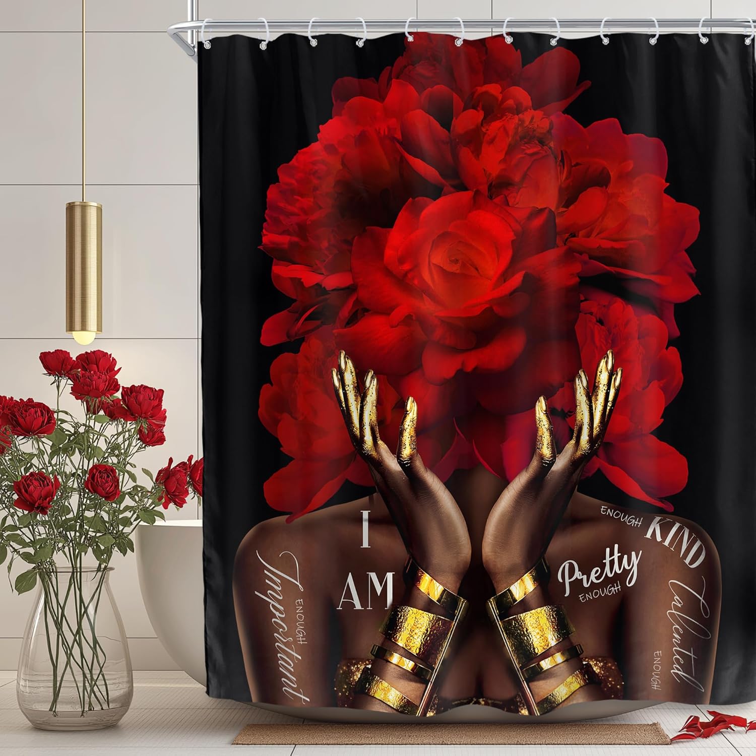 African American Shower Curtain, Black Gold Peony Floral, Modern Girly Quotes, Waterproof Polyester with Hooks W240xH180cm
African American Shower Curtain, Black Gold Peony Floral, Modern Girly Quotes, Waterproof Polyester with Hooks W240xH180cm