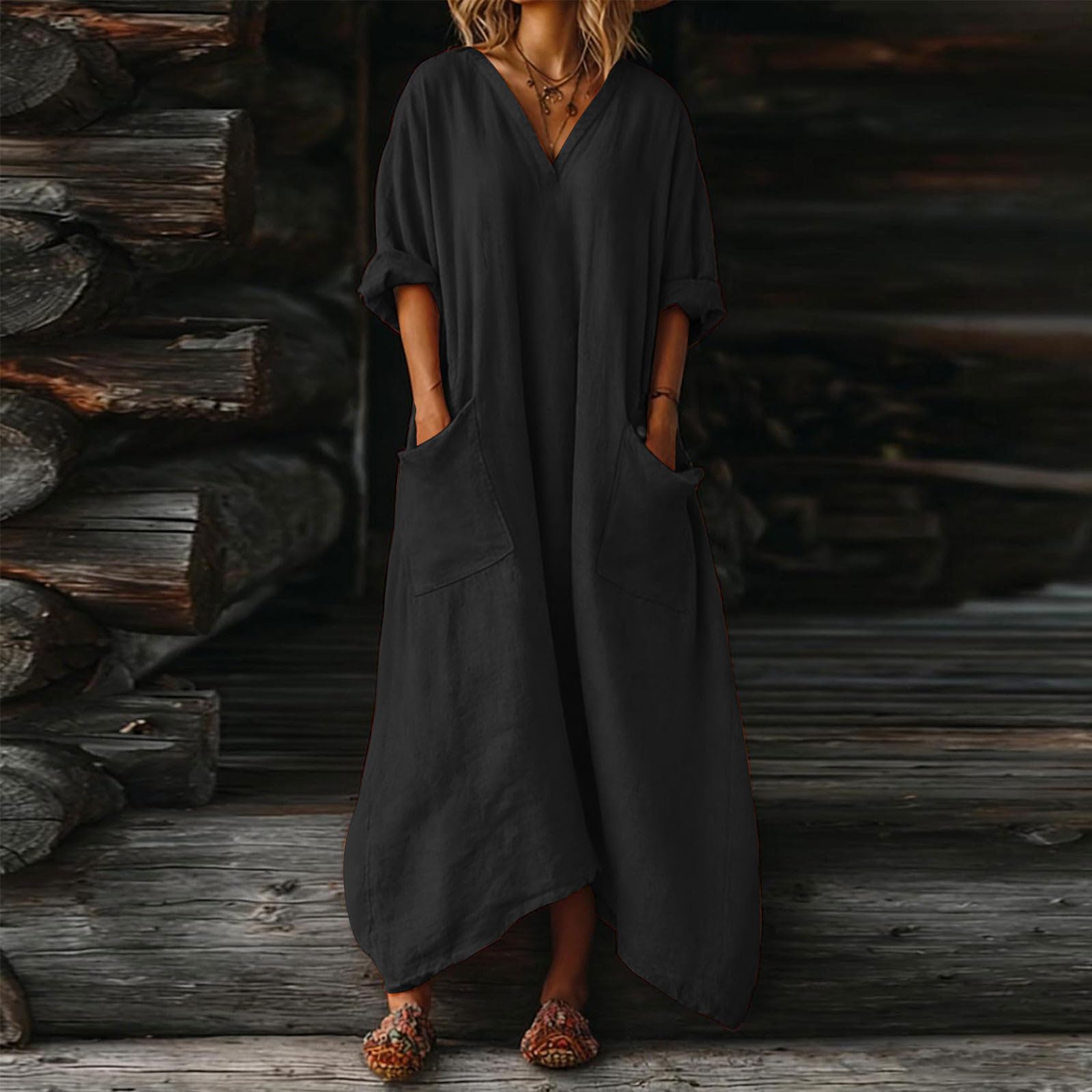 Women s Color V-neck 3/4 Sleeve Cotton Linen Loose Fitting Button Pocket Dress XL чорний
Women s Color V-neck 3/4 Sleeve Cotton Linen Loose Fitting Button Pocket Dress XL чорний