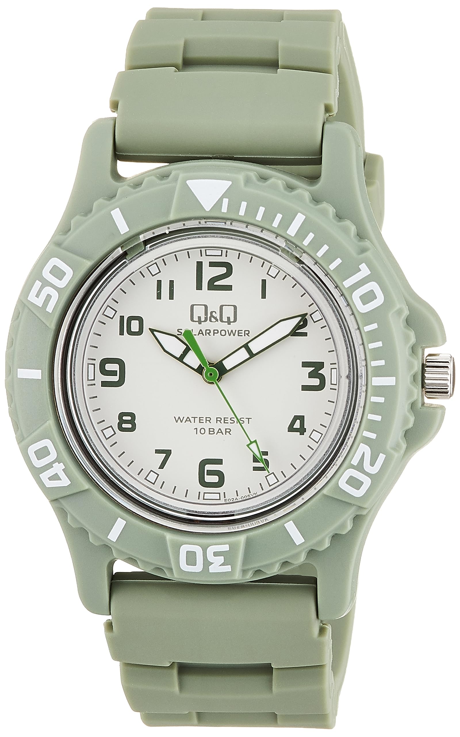 Citizen Аналоговые Солнечные Водонепроницаемые до 10 АТМ Уретановый Зеленый Мужские Часы Q&Q, АТМ, Ремешок, E02A-005VK, зелёный