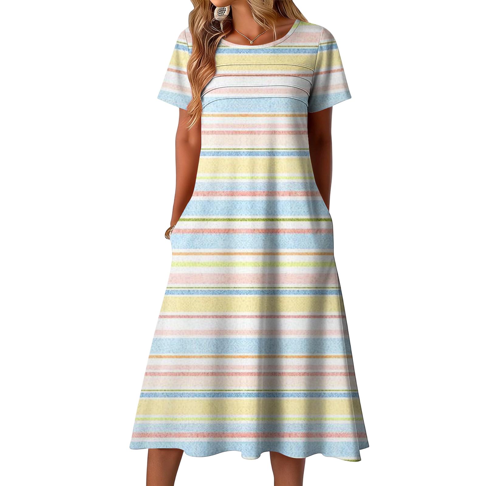 Ladies striped printed casual and fashionable short sleeved round neck dress M білий
Ladies striped printed casual and fashionable short sleeved round neck dress M білий