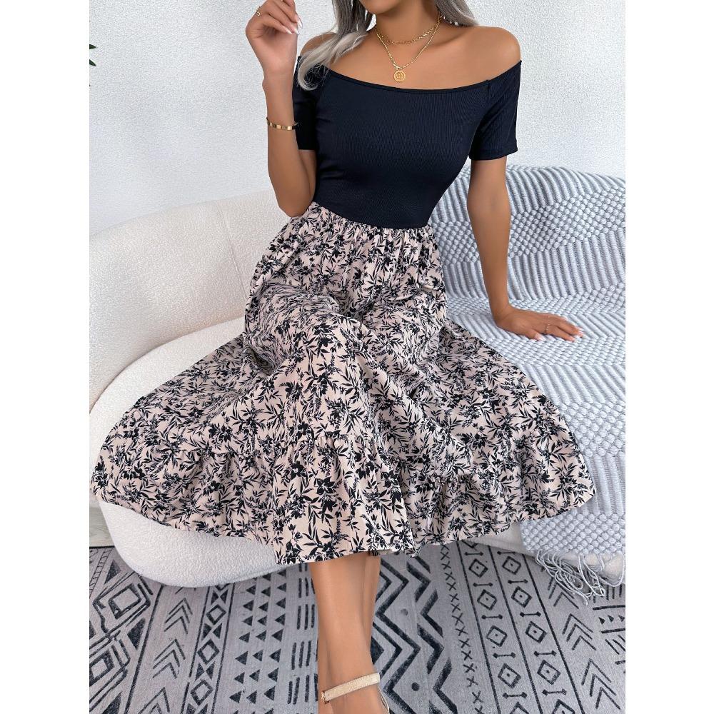 Весенне-летнее повседневное платье-миди с открытыми плечами и цветочными рюшами в европейском и американском стиле XL белый