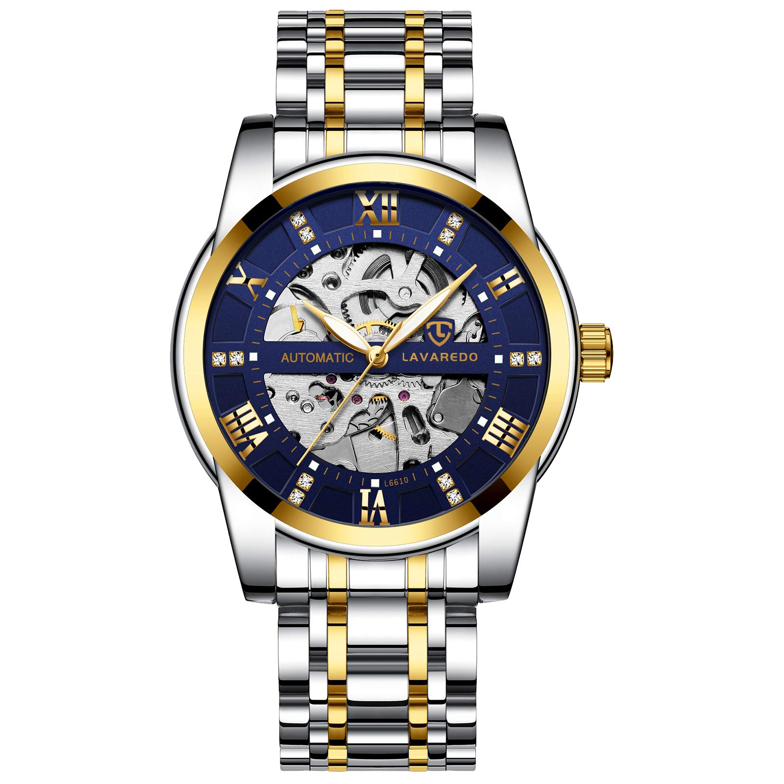Men s Mechanical Skeleton Watch, Silver Stainless Steel, Luxury Waterproof Automatic Watch with Luminous Diamond and Roman Numerals, Gold/Blue Dial
Men s Mechanical Skeleton Watch, Silver Stainless Steel, Luxury Waterproof Automatic Watch with Luminous Diamond and Roman Numerals, Gold/Blue Dial