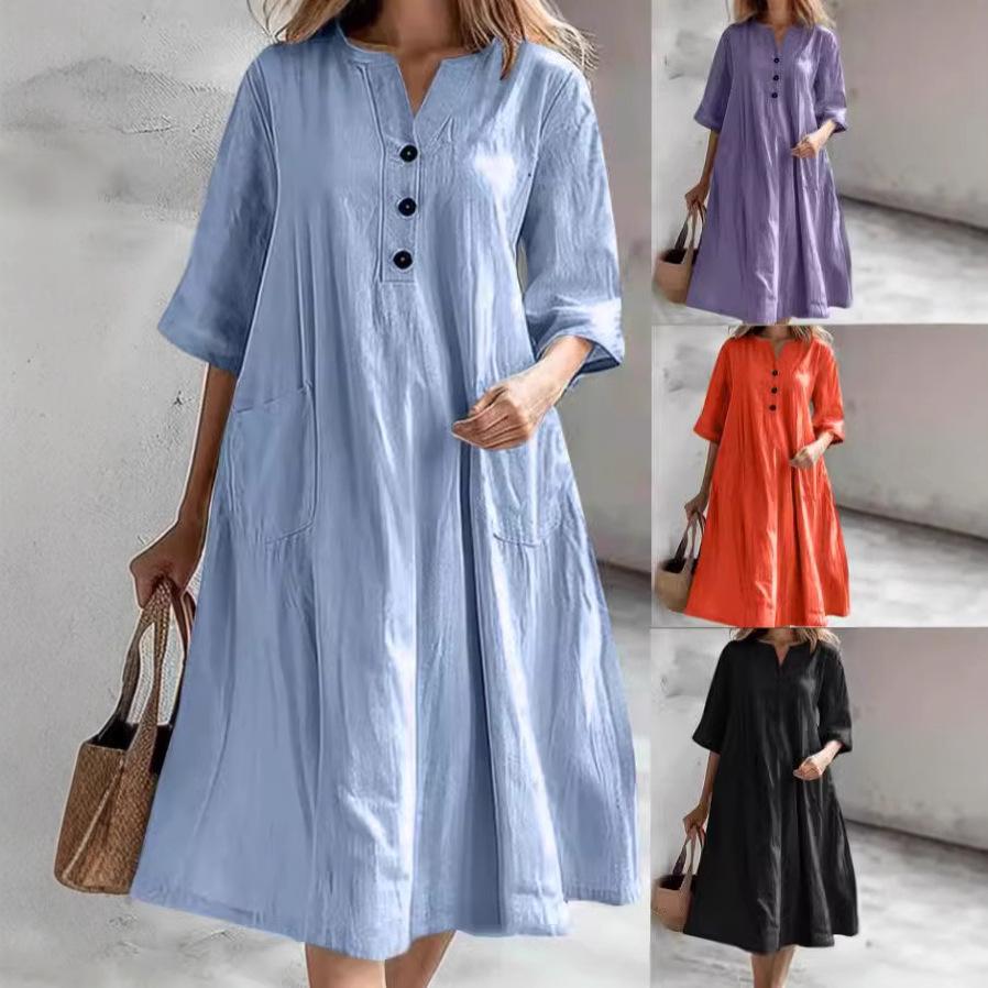 Cross-Border Women s Mid-Length V-Neck Short Sleeve Cotton Linen Dress with Three-Button Pockets XXL світло-синій колір
Cross-Border Women s Mid-Length V-Neck Short Sleeve Cotton Linen Dress with Three-Button Pockets XXL світло-синій колір