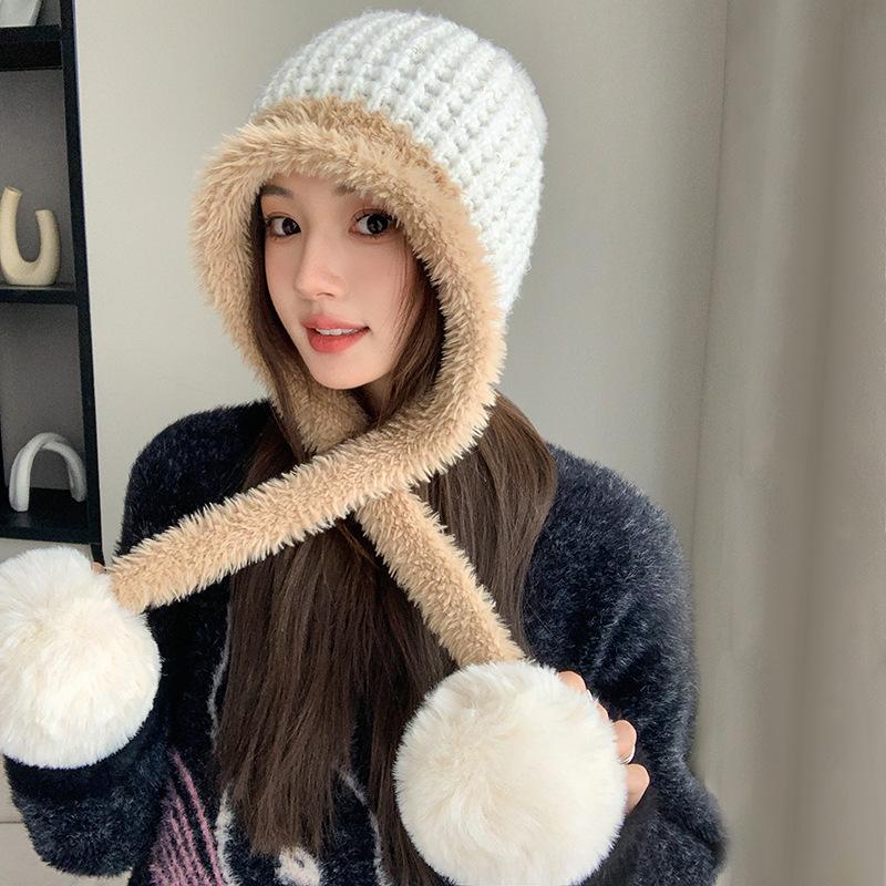 Уличная повседневная шапка с большим помпоном, зимняя бархатная ветрозащитная теплая вязаная шапка, модная шерстяная шапка для женщин белый