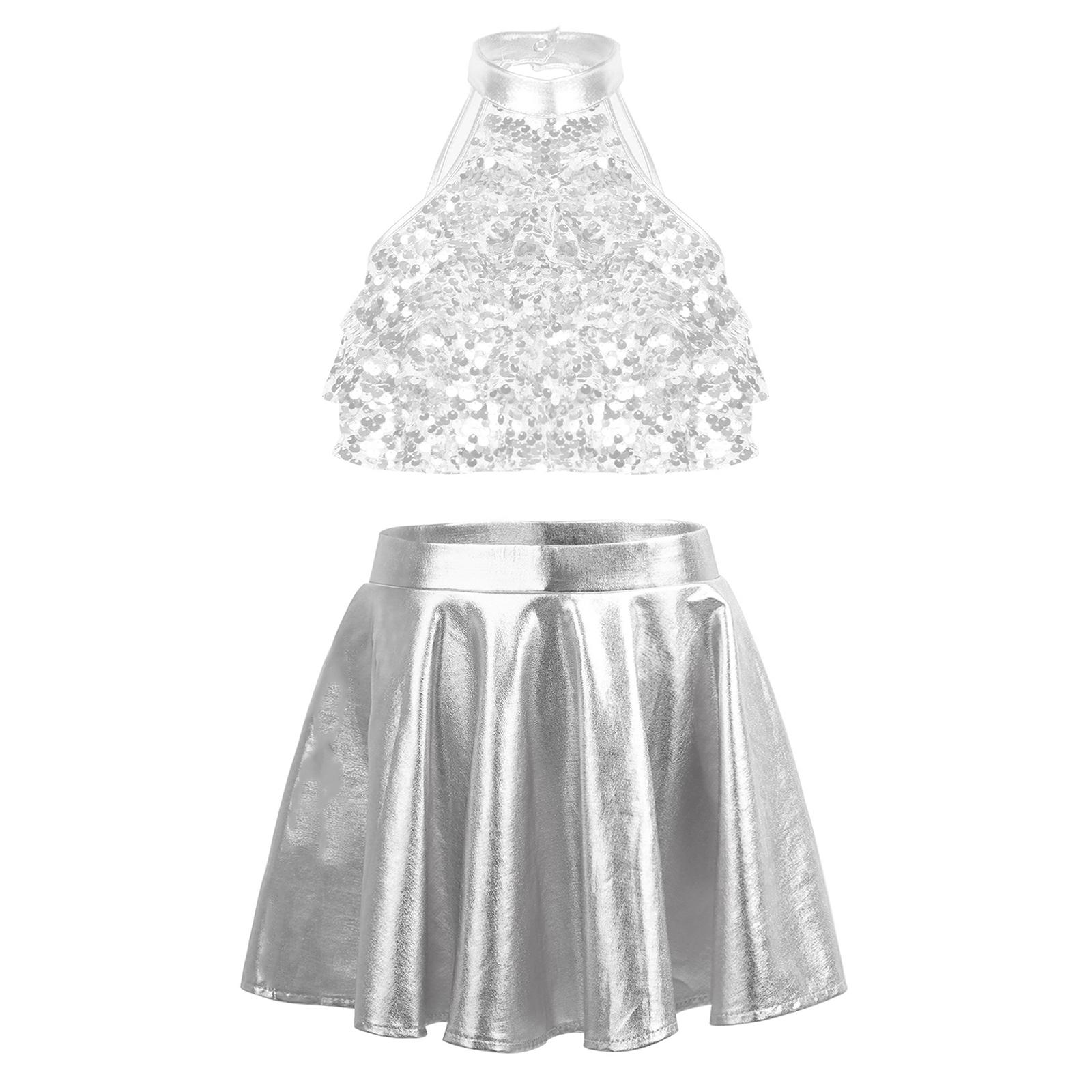 Girls Shiny Sequin Mock Neck Sleeveless Crop Top Metallic Ruffled Tiered Skirt Dance Performance Outfit 5-6 Years
Girls Shiny Sequin Mock Neck Sleeveless Crop Top Metallic Ruffled Tiered Skirt Dance Performance Outfit 5-6 Years