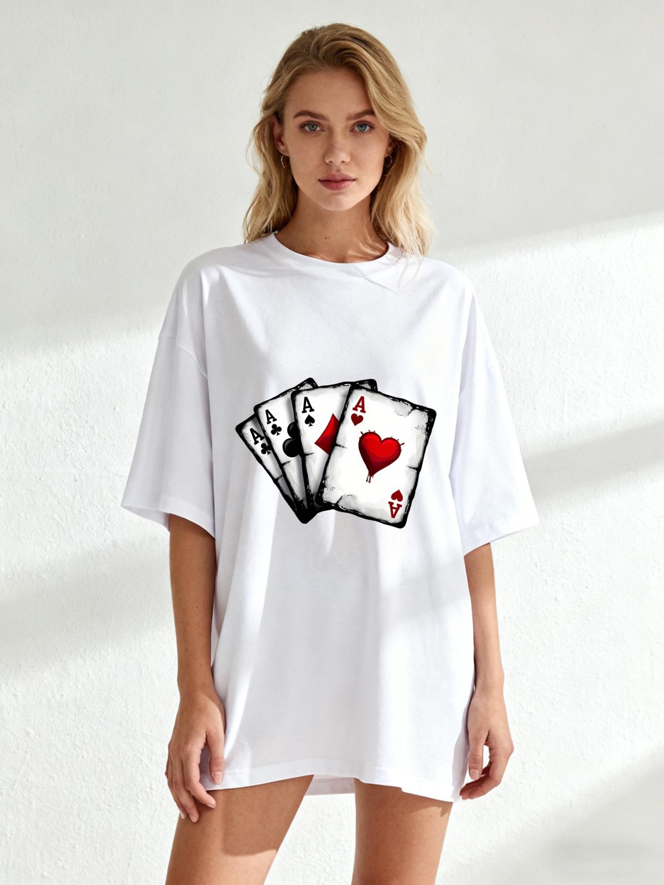 Футболка оверсайз черная с принтом игральных карт «Четыре туза» повседневный уличный стиль модный топ для женщин летний наряд XXXXL белый
Футболка оверсайз черная с принтом игральных карт «Четыре туза» повседневный уличный стиль модный топ для женщин летний наряд XXXXL белый