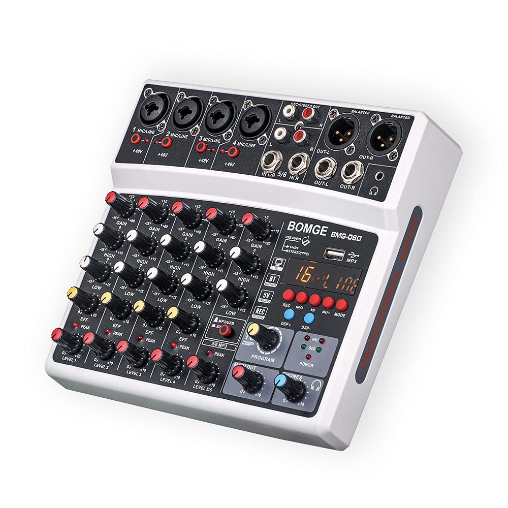 BOMGE 6-канальный DJ Audio MP3 USB 48 В Phantom 5 В 16 DSP Echo Effect Микшер для подкастов Микшер, Bluetooth, Power, Power, Live, Music, Karaoke, (белый)
BOMGE 6-канальный DJ Audio MP3 USB 48 В Phantom 5 В 16 DSP Echo Effect Микшер для подкастов Микшер, Bluetooth, Power, Power, Live, Music, Karaoke, (белый)