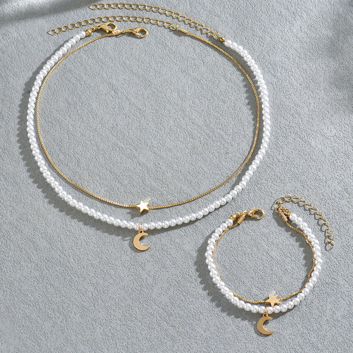 Elegant Moon & Star Pendant Imitation Pearl Chain Jewelry Set Double Layer Necklace & Bracelet For Women Daily & Bridal Wear
Elegant Moon & Star Pendant Imitation Pearl Chain Jewelry Set Double Layer Necklace & Bracelet For Women Daily & Bridal Wear