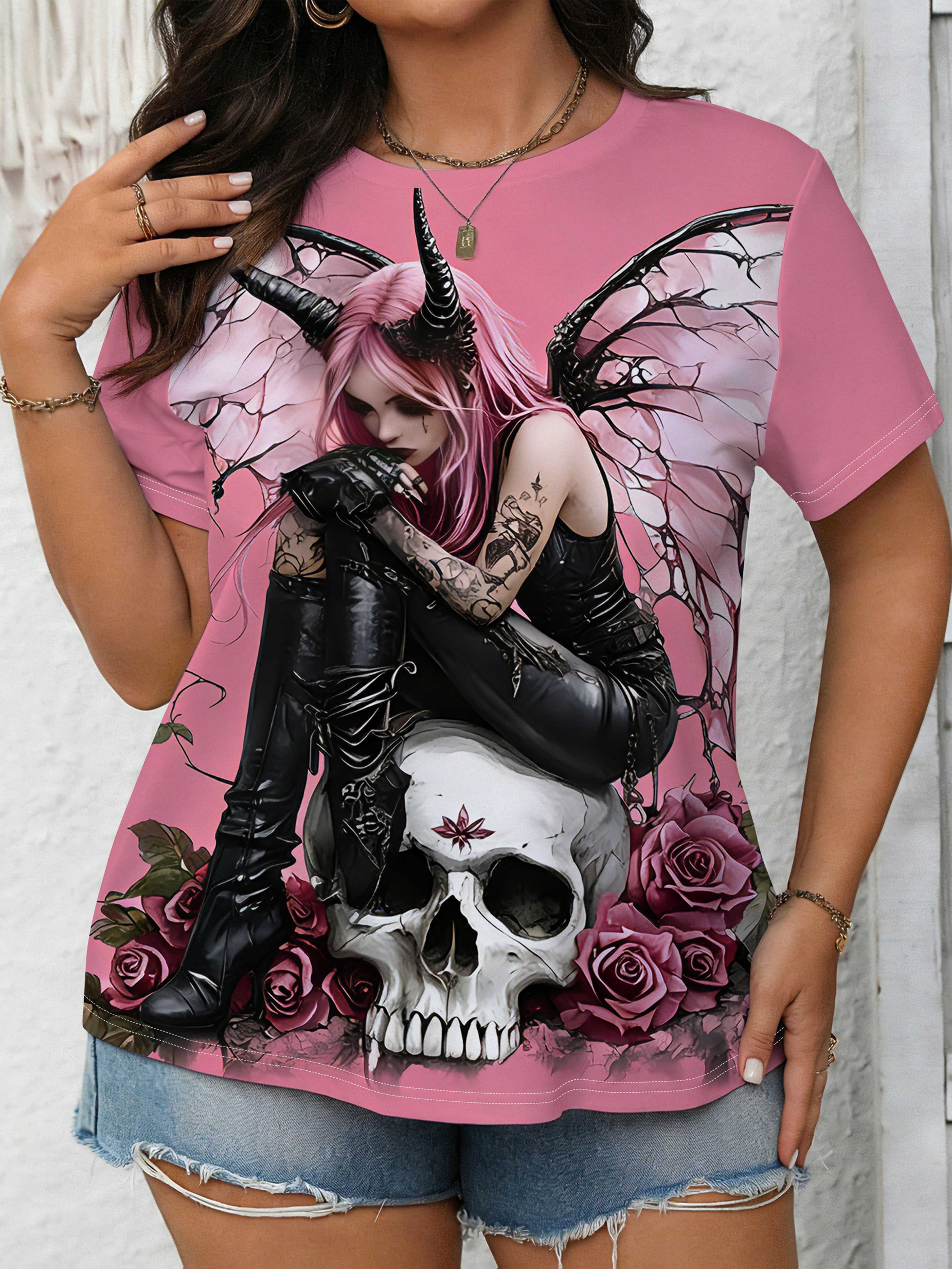 Women s Gothic T-Shirt with Pink Hair Demon Skull Rose Print - Soft Round Neck Full-Body Tee Suitable for Daily Wear. Machine Washable. Gothic Outfits 3XL дубильна кора
Women s Gothic T-Shirt with Pink Hair Demon Skull Rose Print - Soft Round Neck Full-Body Tee Suitable for Daily Wear. Machine Washable. Gothic Outfits 3XL дубильна кора