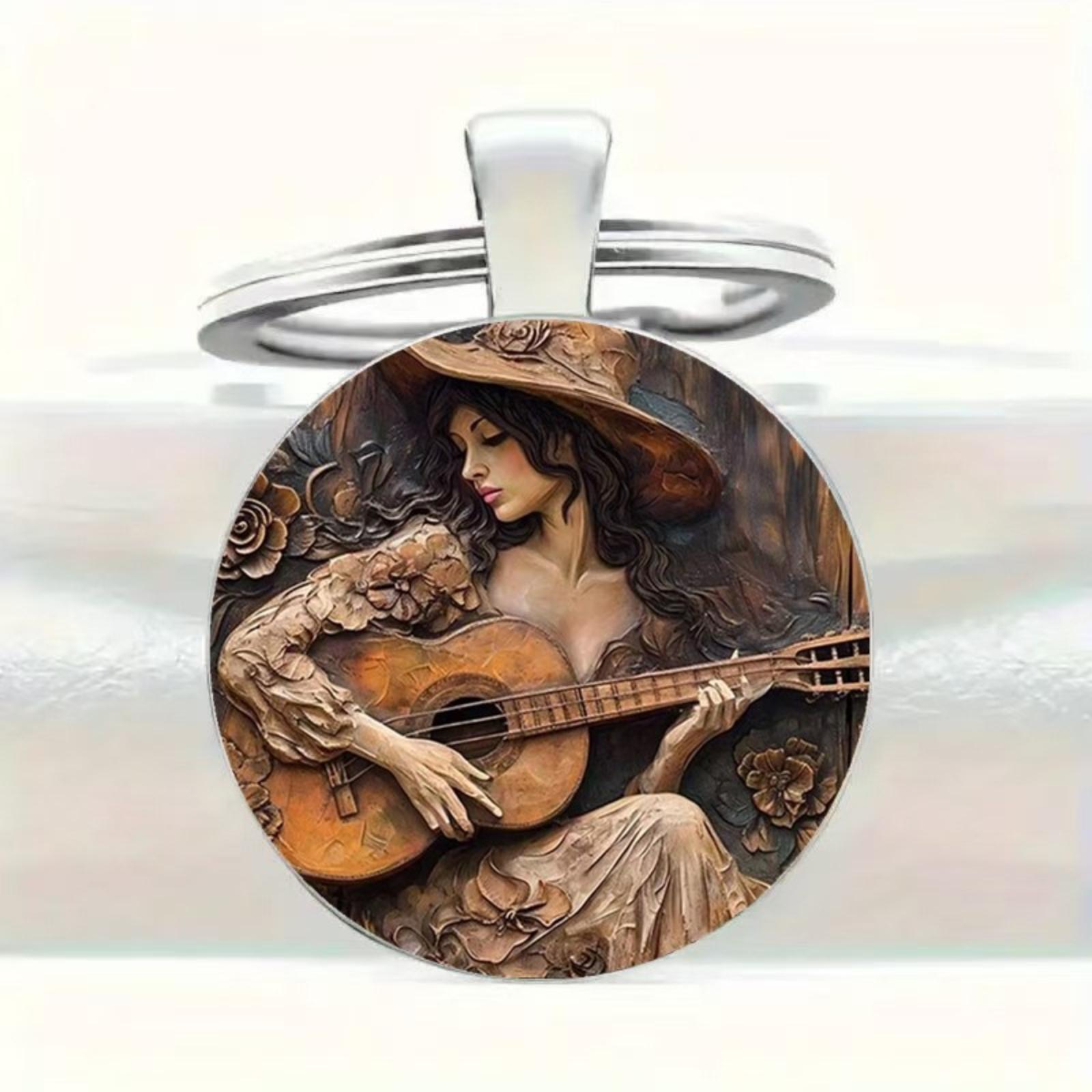 Round Glass Alloy Pendant Keychain with Artistic Guitar Player Design Durable Metal Key Ring Accessory for Everyday Use One Size
Round Glass Alloy Pendant Keychain with Artistic Guitar Player Design Durable Metal Key Ring Accessory for Everyday Use One Size