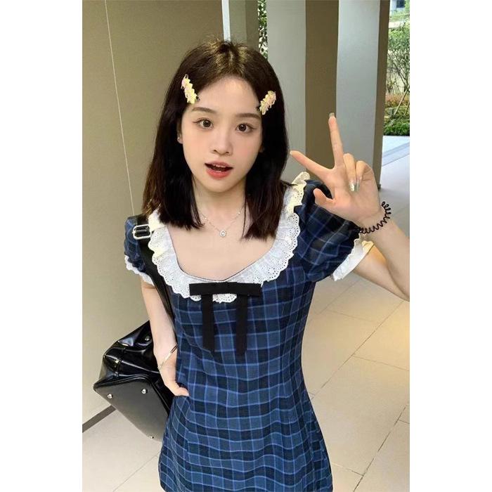 Новое летнее женское платье А-силуэта в клетку с пышными рукавами и квадратным вырезом Extra Large синий