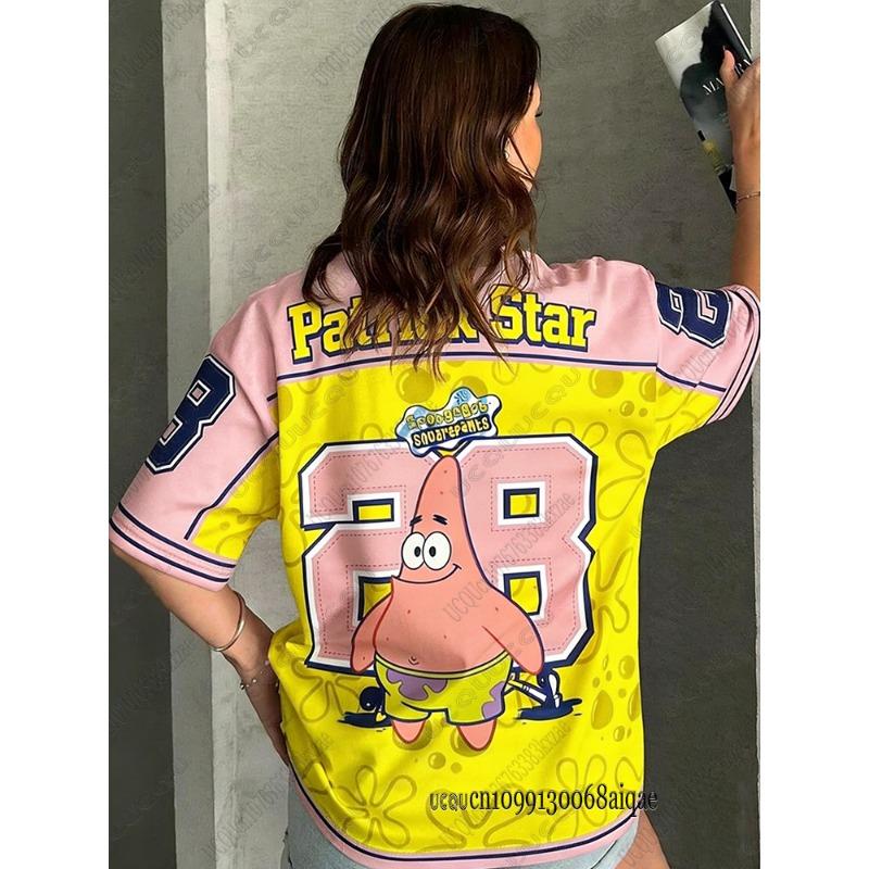 Cartoon SpongeBob Print T-shirts For Women Summer V-Neck Patchwork Short Sleeve Sports Football Jersey Loose Oversized Tops S
Cartoon SpongeBob Print T-shirts For Women Summer V-Neck Patchwork Short Sleeve Sports Football Jersey Loose Oversized Tops S