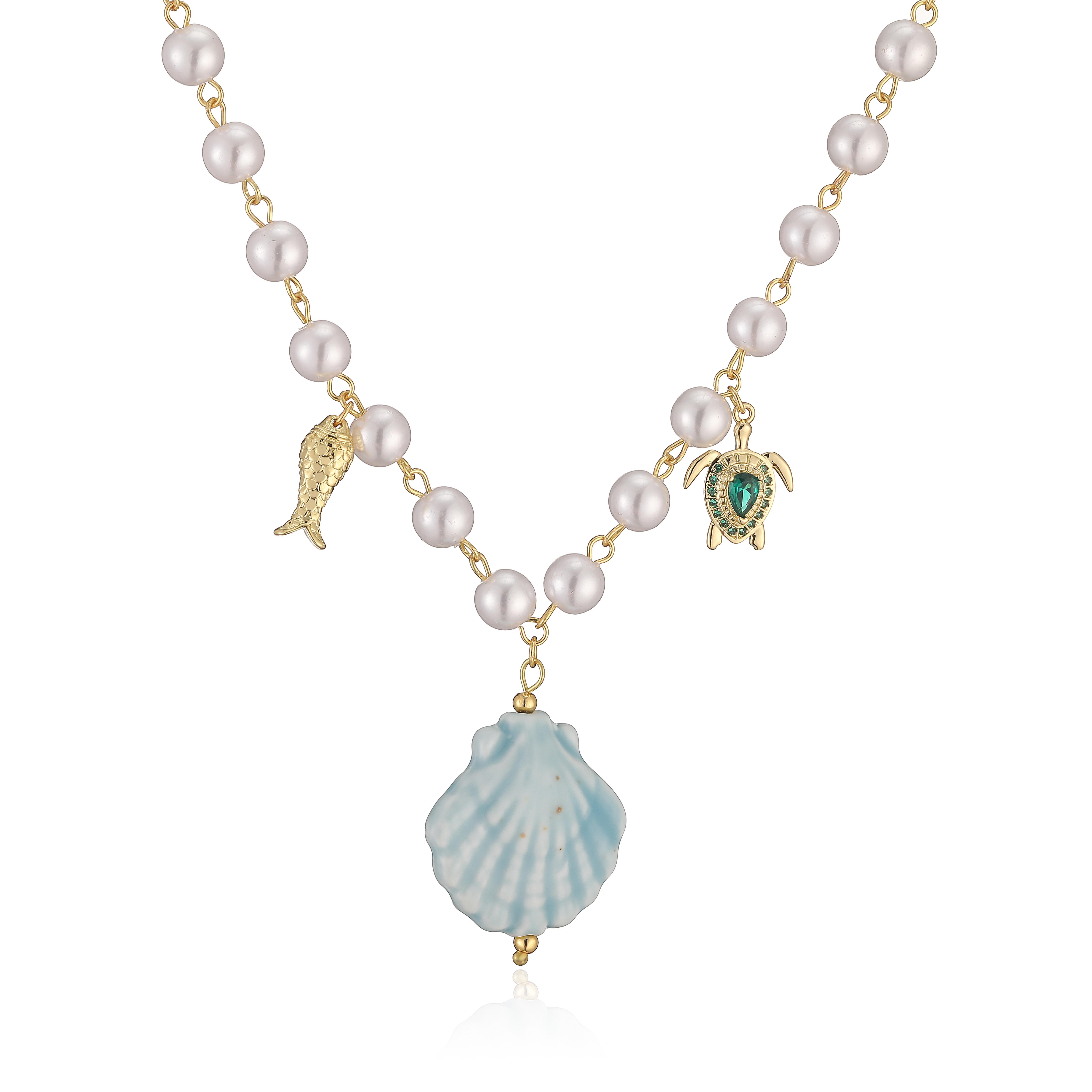 18K Gold Plated Brass Colorful Ceramic Shell Pendant Necklace, Imitation Pearl Beaded Chain with Turtle Charm Ocean Zircon синій
18K Gold Plated Brass Colorful Ceramic Shell Pendant Necklace, Imitation Pearl Beaded Chain with Turtle Charm Ocean Zircon синій
