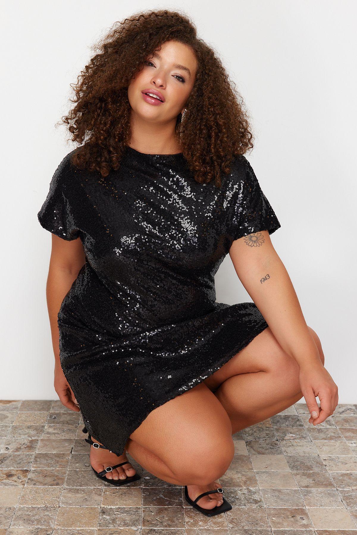 Женское стильное черное тканое платье больших размеров с блестками XL