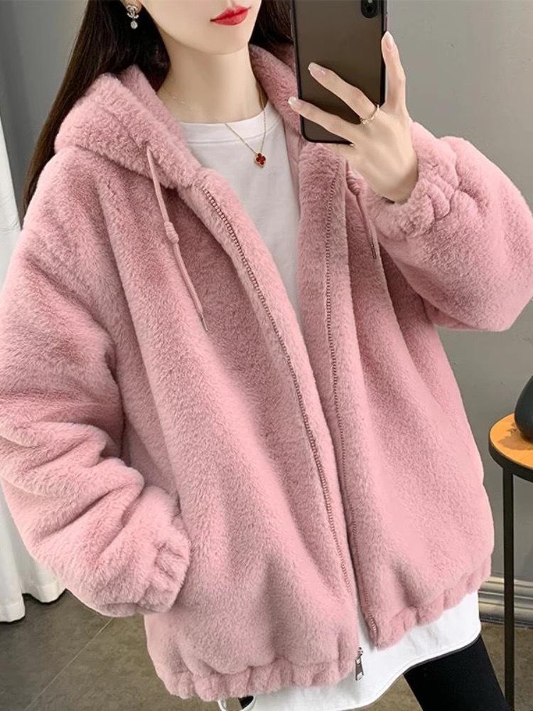 Женское пальто средней длины с капюшоном из искусственного меха - Толстая, свободная и уютная зимняя куртка Large (140-160 jin) розовый