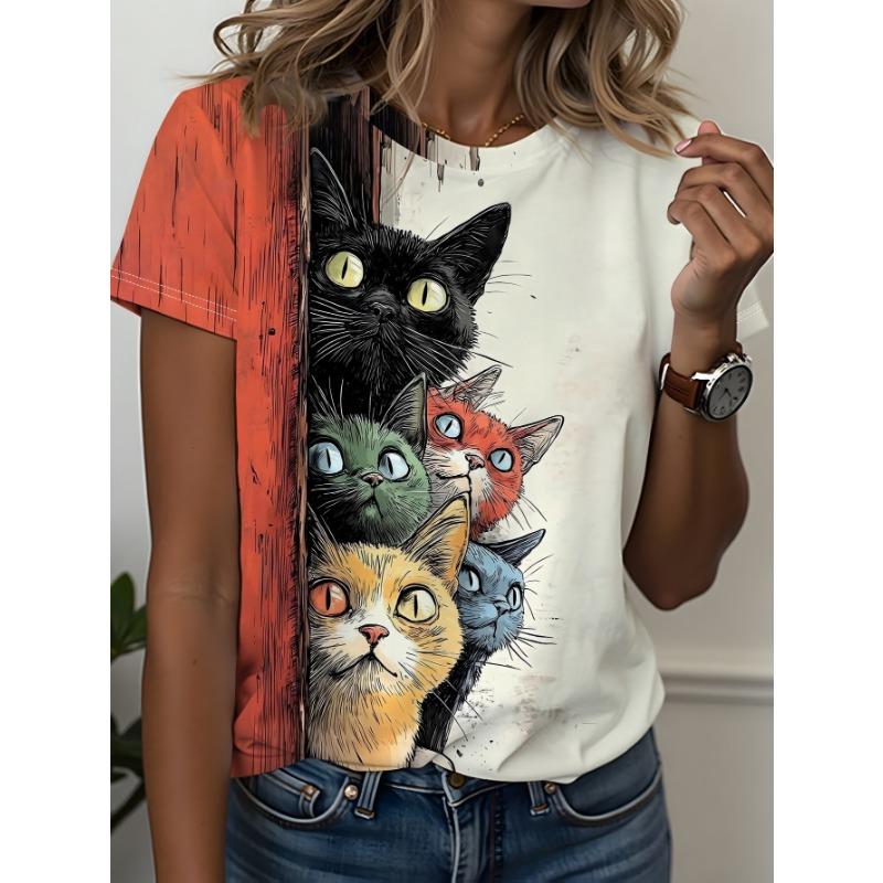 Contrast color splicing style multi-color cute cat print personalized round neck short sleeves S
Contrast color splicing style multi-color cute cat print personalized round neck short sleeves S