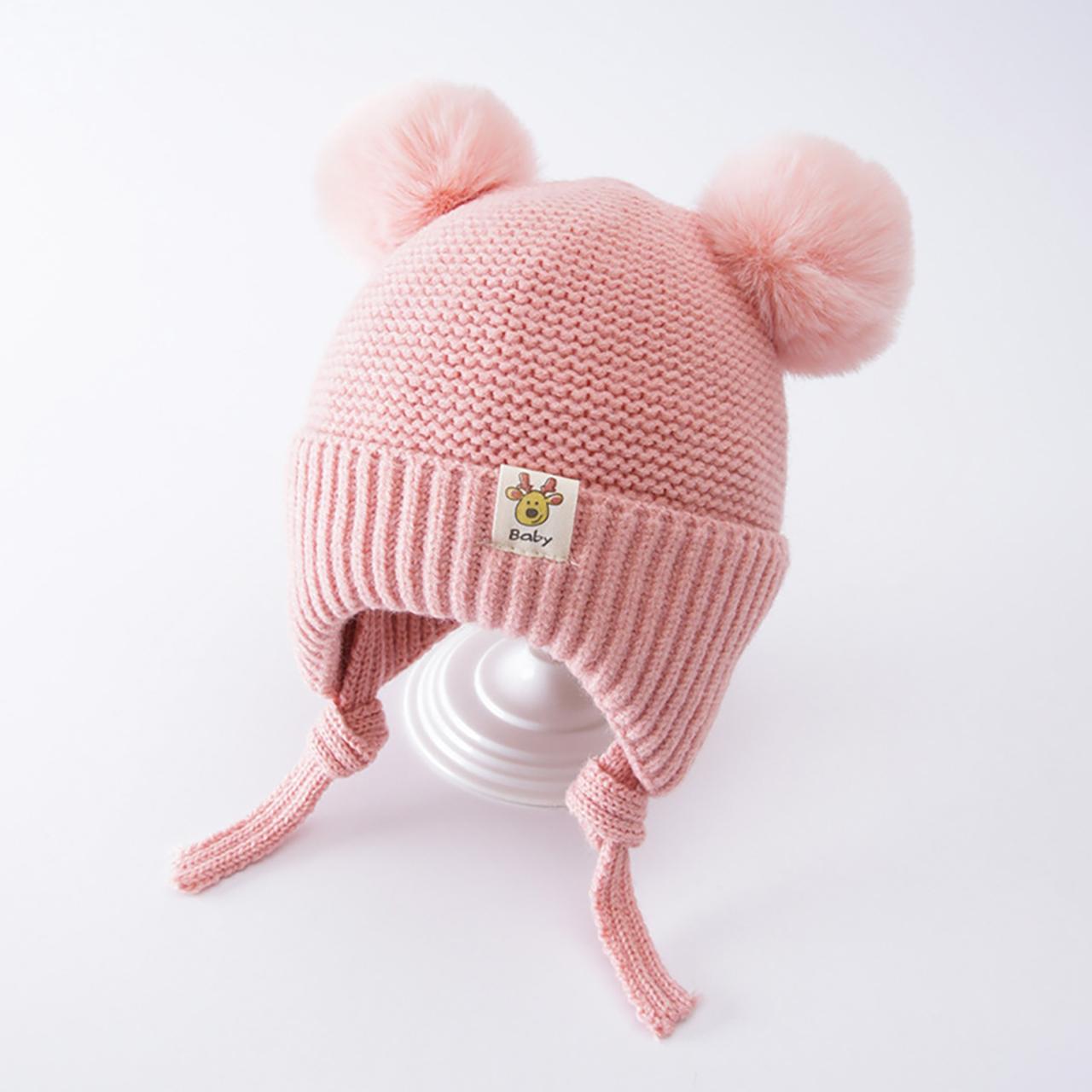 Милая детская зимняя шапка с двойными помпонами, теплая вязаная шапка с защитой ушей, для малышей, мальчиков и девочек, с утолщенной хлопковой подкладкой, с наушниками, шапка-бини розовый