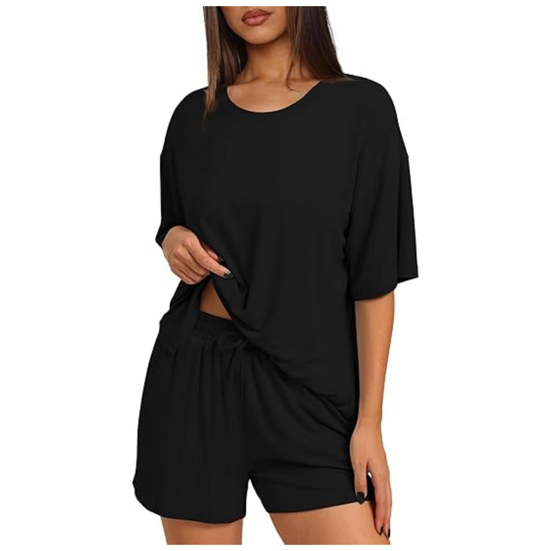 European American Women s Casual Round Neck Short Sleeve Top with Drawstring Shorts Two-Piece Set. S чорний
European American Women s Casual Round Neck Short Sleeve Top with Drawstring Shorts Two-Piece Set. S чорний