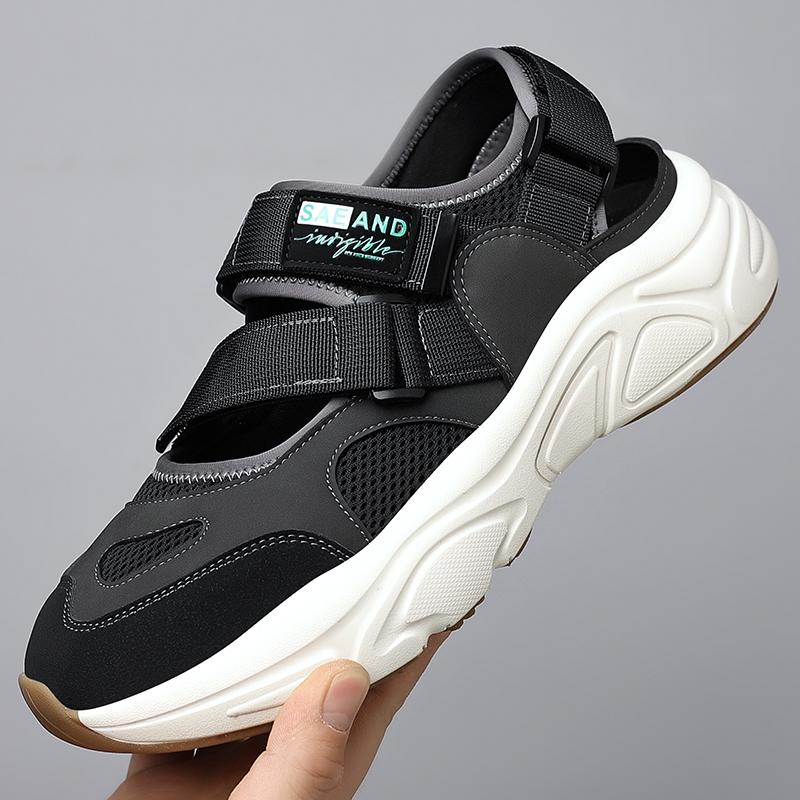 Модные мужские сандалии ручной работы из сетки, сандалии, мужские, летний новый стиль, кожаный носок, уличные, для отдыха, спортивные, с перфорацией, пляжная обувь 41 чёрный