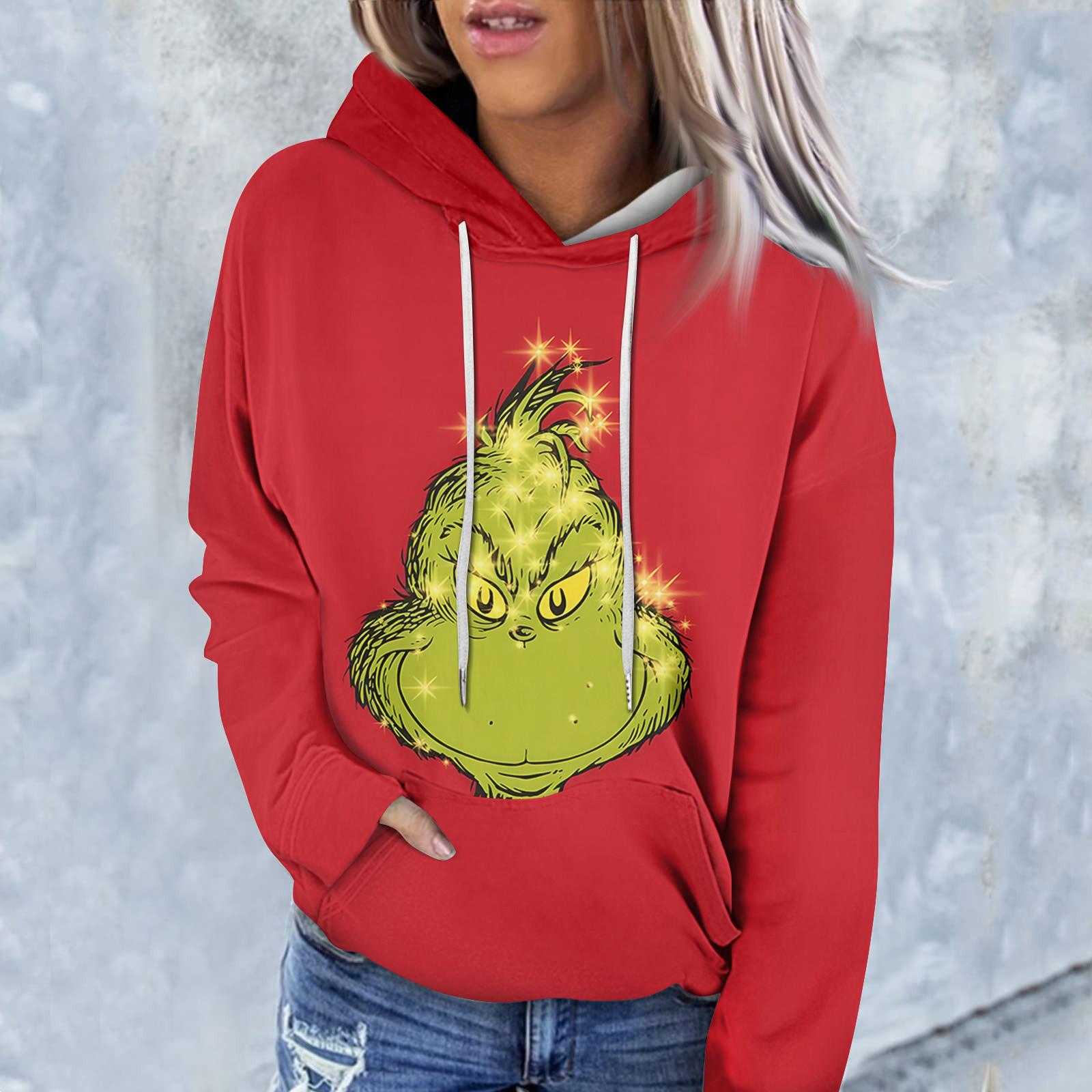 Женская модная повседневная толстовка с длинным рукавом и рождественским принтом XXXL красный