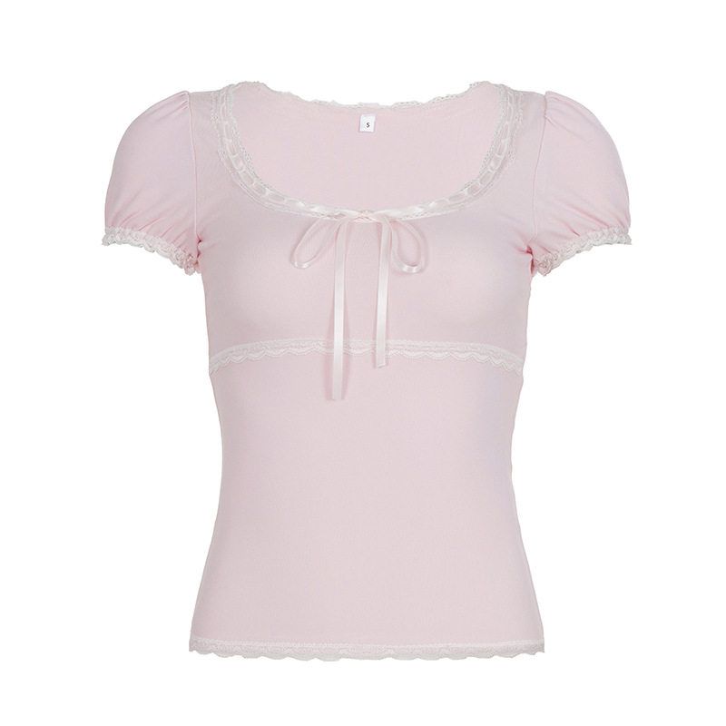 Sweet and Pure Style Color-Blocked Bow Ribbon Design Lace-Trimmed Puff Sleeve T-Shirt Playful Slim-Fit Short Top Pink S
Sweet and Pure Style Color-Blocked Bow Ribbon Design Lace-Trimmed Puff Sleeve T-Shirt Playful Slim-Fit Short Top Pink S