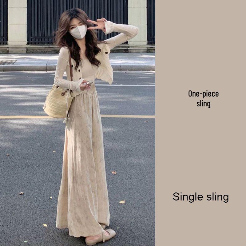 Women s Spring Chinese-Style Three-Piece: Long Sleeve Knit Cardigan, Camisole, and Ink Painting Wide-Leg Pants. Small
Women s Spring Chinese-Style Three-Piece: Long Sleeve Knit Cardigan, Camisole, and Ink Painting Wide-Leg Pants. Small