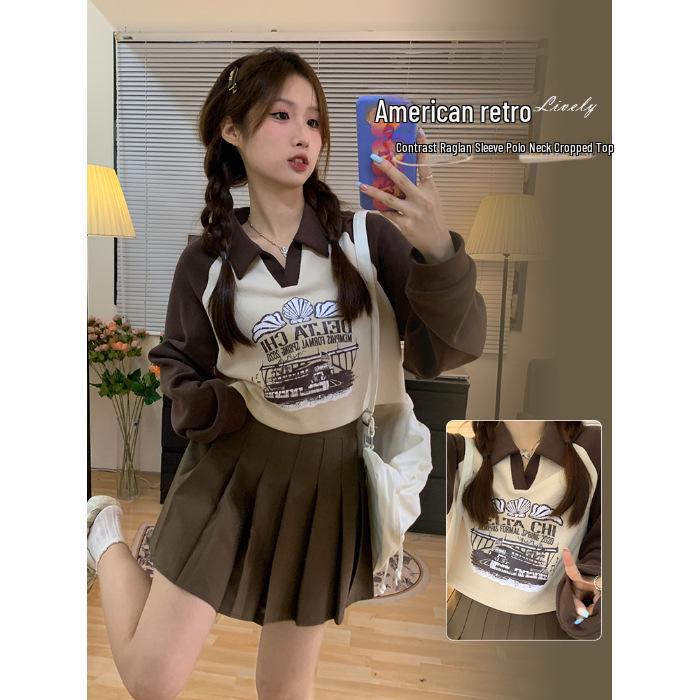 2024 Осень Американский Ретро Поло Воротник Спортивный Повседневный Длинный Рукав Топ M грязно-белый